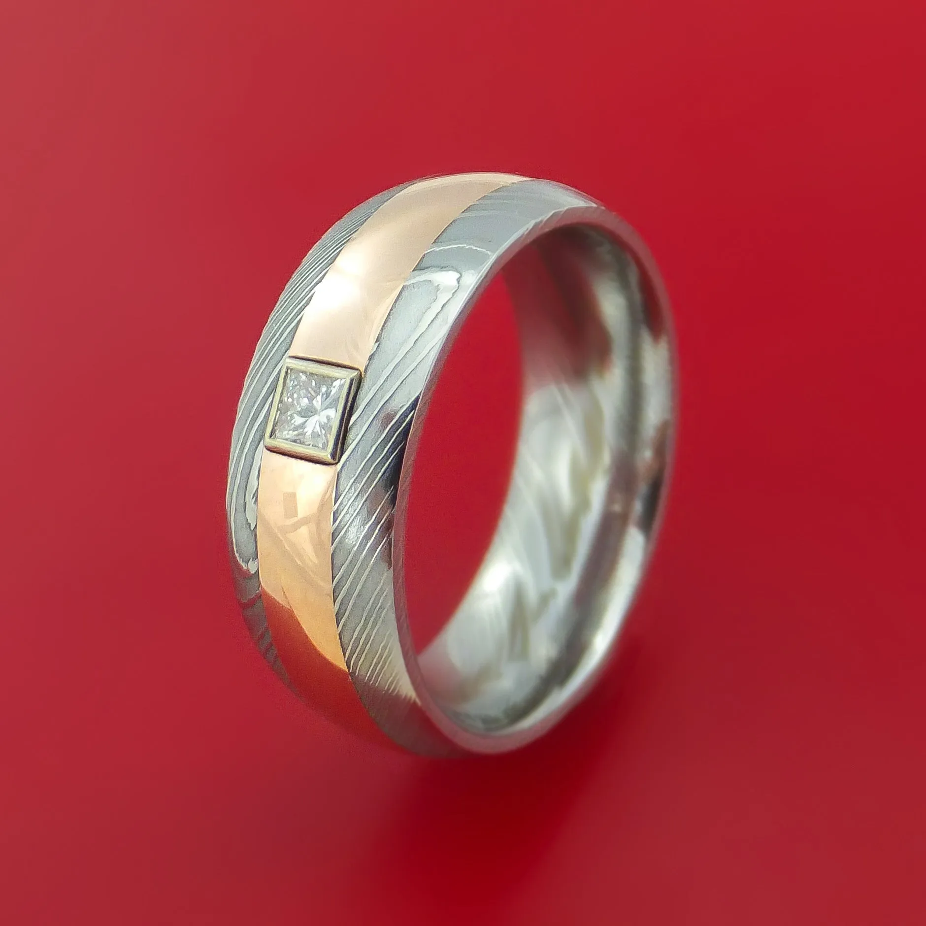 Damascus Steel and Rose Gold Band with Diamond Custom Made Ring