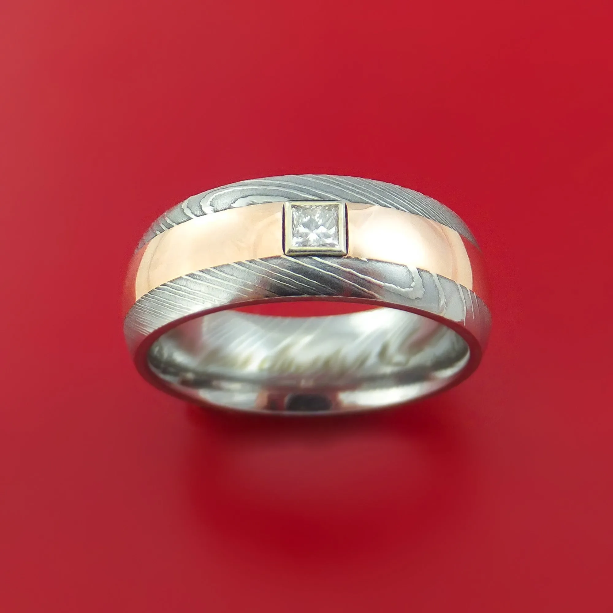 Damascus Steel and Rose Gold Band with Diamond Custom Made Ring