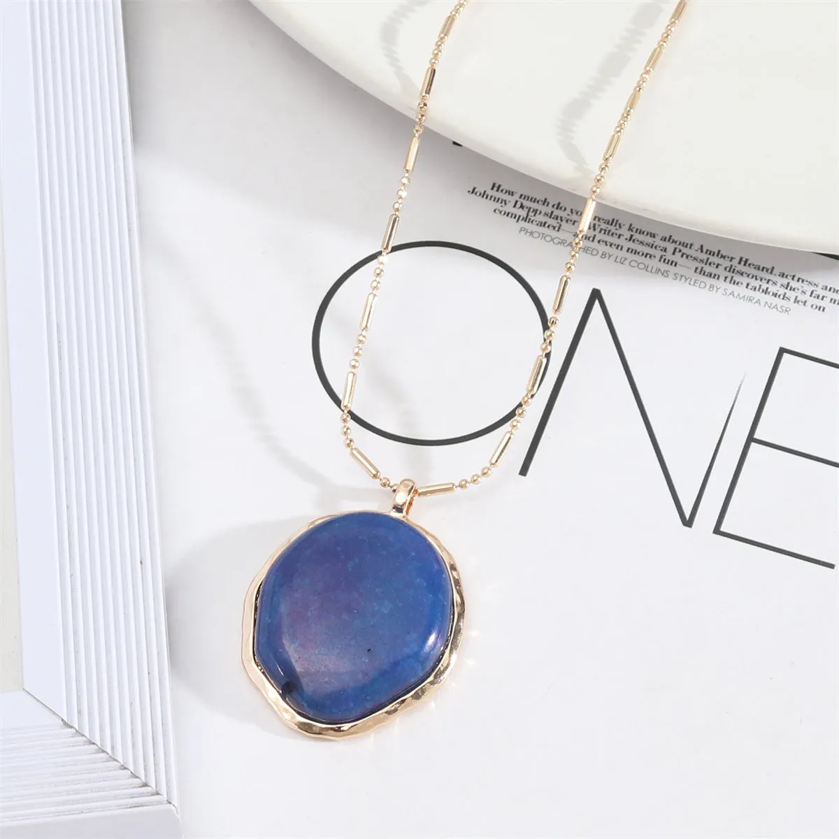 Dark Blue Quartz & 18K Gold-Plated Oval Pendant Necklace