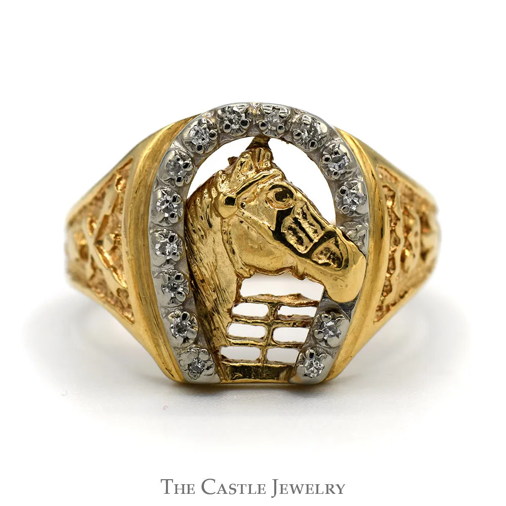 Diamond Accented Horseshoe Ring with Horse Head Center in 10k Yellow Gold