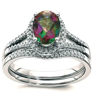 Diamond Halo Engagement and Wedding Ring featuring a 1.6 carat Mystic Fire Topaz Center Stone