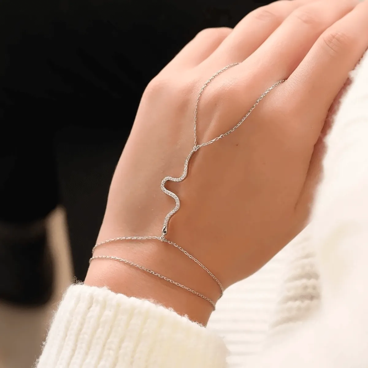 Diamond Snake Silver Delicate Hand Chain Bracelet