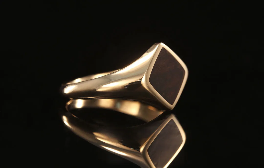 EBONY WOOD MENS 14K YELLOW GOLD SIGNET RING