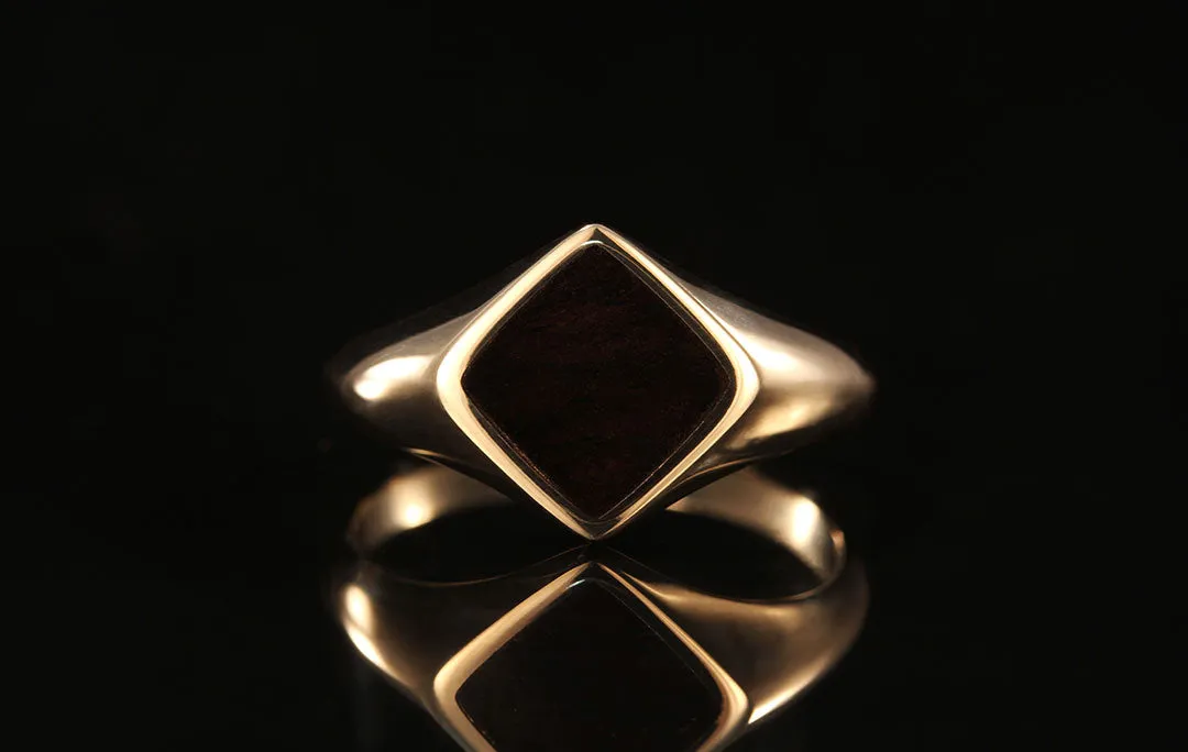EBONY WOOD MENS 14K YELLOW GOLD SIGNET RING