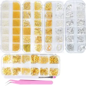 editTime 5000 Pieces (5 Boxes) Shiny Colorful Nail Art Rhinestones Nail Stone Gems Design Kit with a Curved Tweezers and a Nail Brush (multicolor)