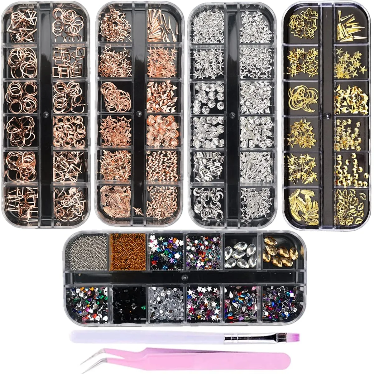 editTime 5000 Pieces (5 Boxes) Shiny Colorful Nail Art Rhinestones Nail Stone Gems Design Kit with a Curved Tweezers and a Nail Brush (multicolor)