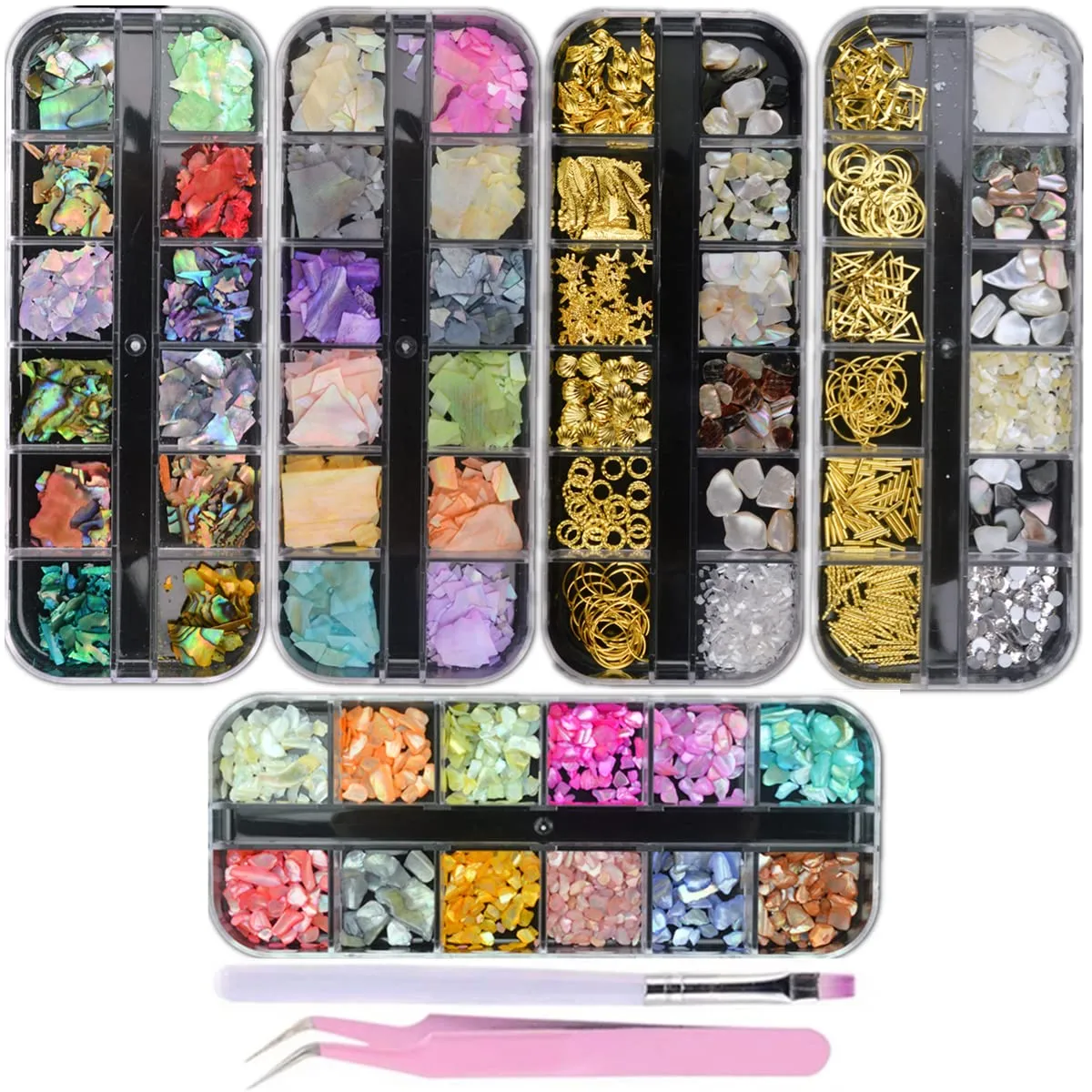 editTime 5000 Pieces (5 Boxes) Shiny Colorful Nail Art Rhinestones Nail Stone Gems Design Kit with a Curved Tweezers and a Nail Brush (multicolor)