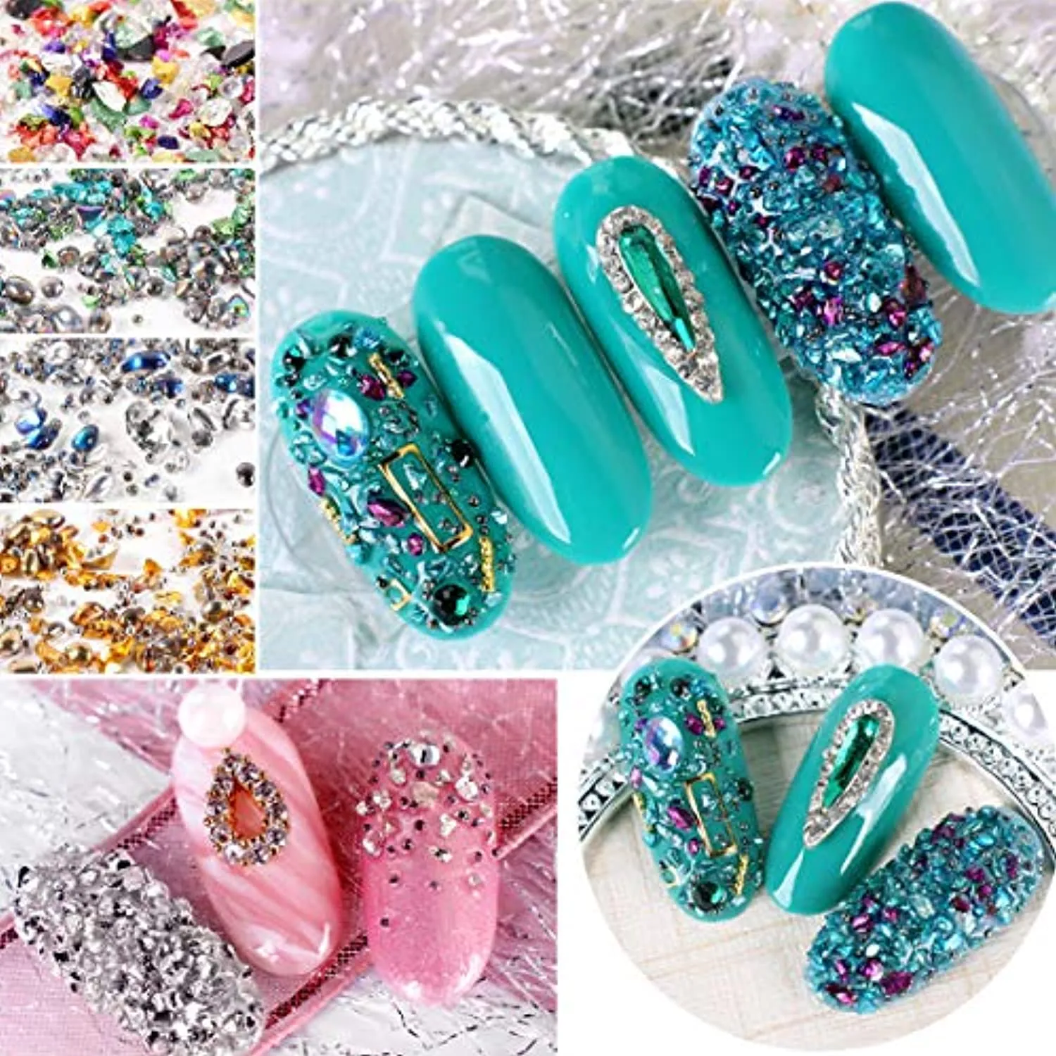 editTime 5000 Pieces (5 Boxes) Shiny Colorful Nail Art Rhinestones Nail Stone Gems Design Kit with a Curved Tweezers and a Nail Brush (multicolor)