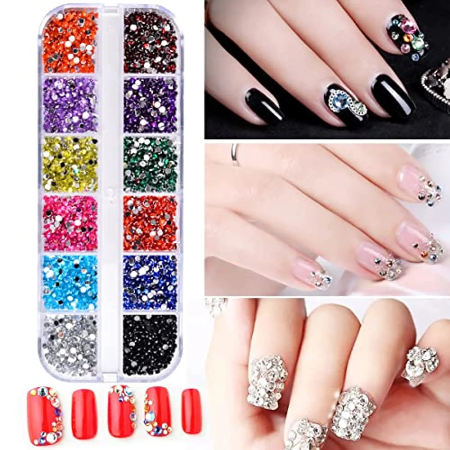 editTime 5000 Pieces (5 Boxes) Shiny Colorful Nail Art Rhinestones Nail Stone Gems Design Kit with a Curved Tweezers and a Nail Brush (multicolor)