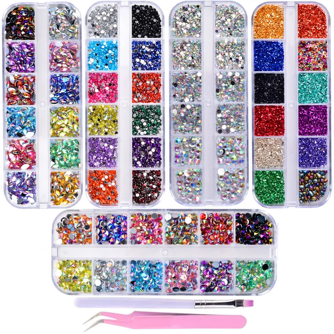 editTime 5000 Pieces (5 Boxes) Shiny Colorful Nail Art Rhinestones Nail Stone Gems Design Kit with a Curved Tweezers and a Nail Brush (multicolor)