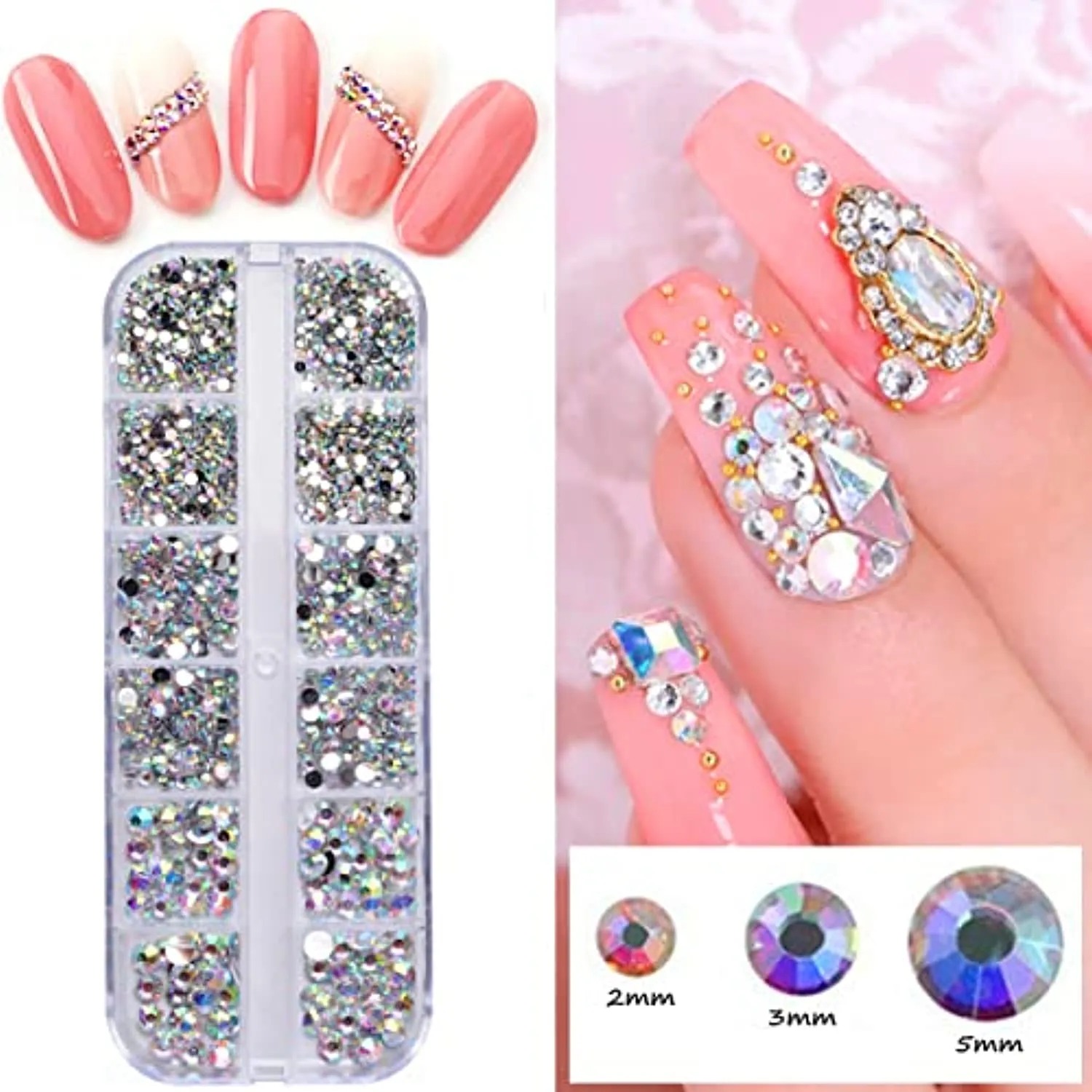 editTime 5000 Pieces (5 Boxes) Shiny Colorful Nail Art Rhinestones Nail Stone Gems Design Kit with a Curved Tweezers and a Nail Brush (multicolor)