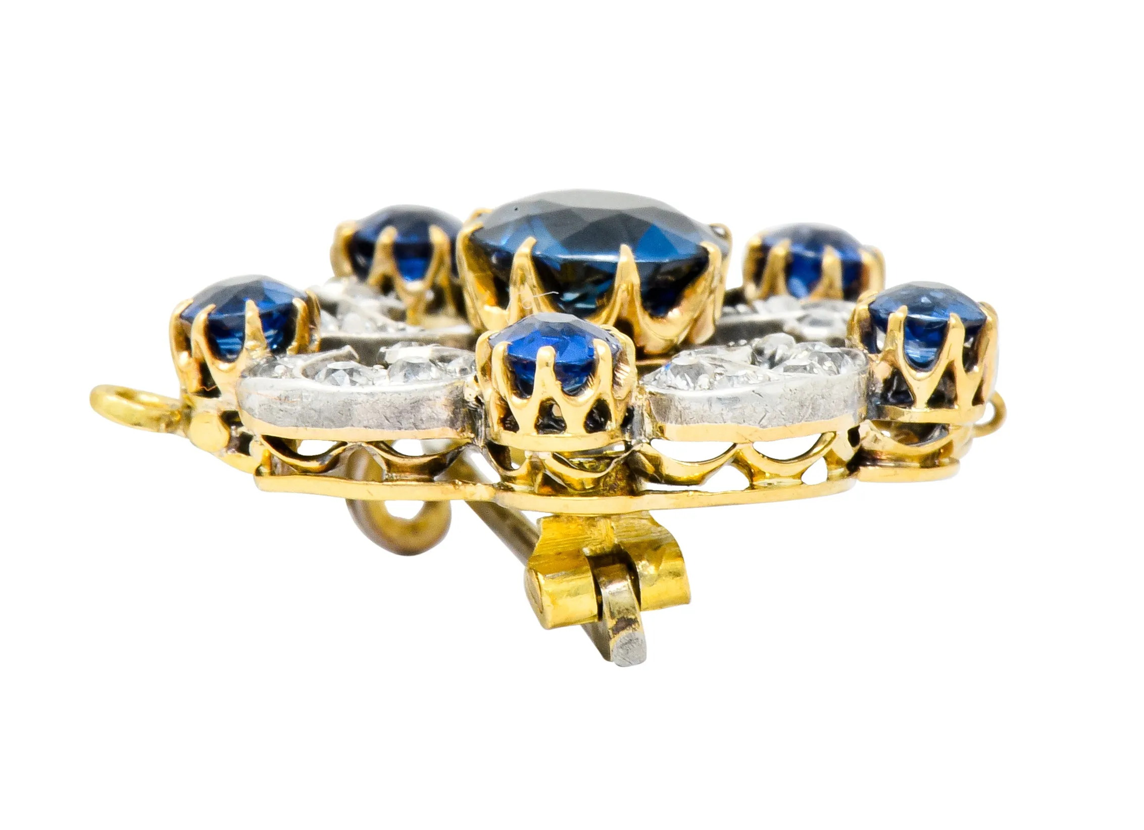Edwardian 3.90 CTW Sapphire Diamond Platinum-Topped Floral Pendant Brooch