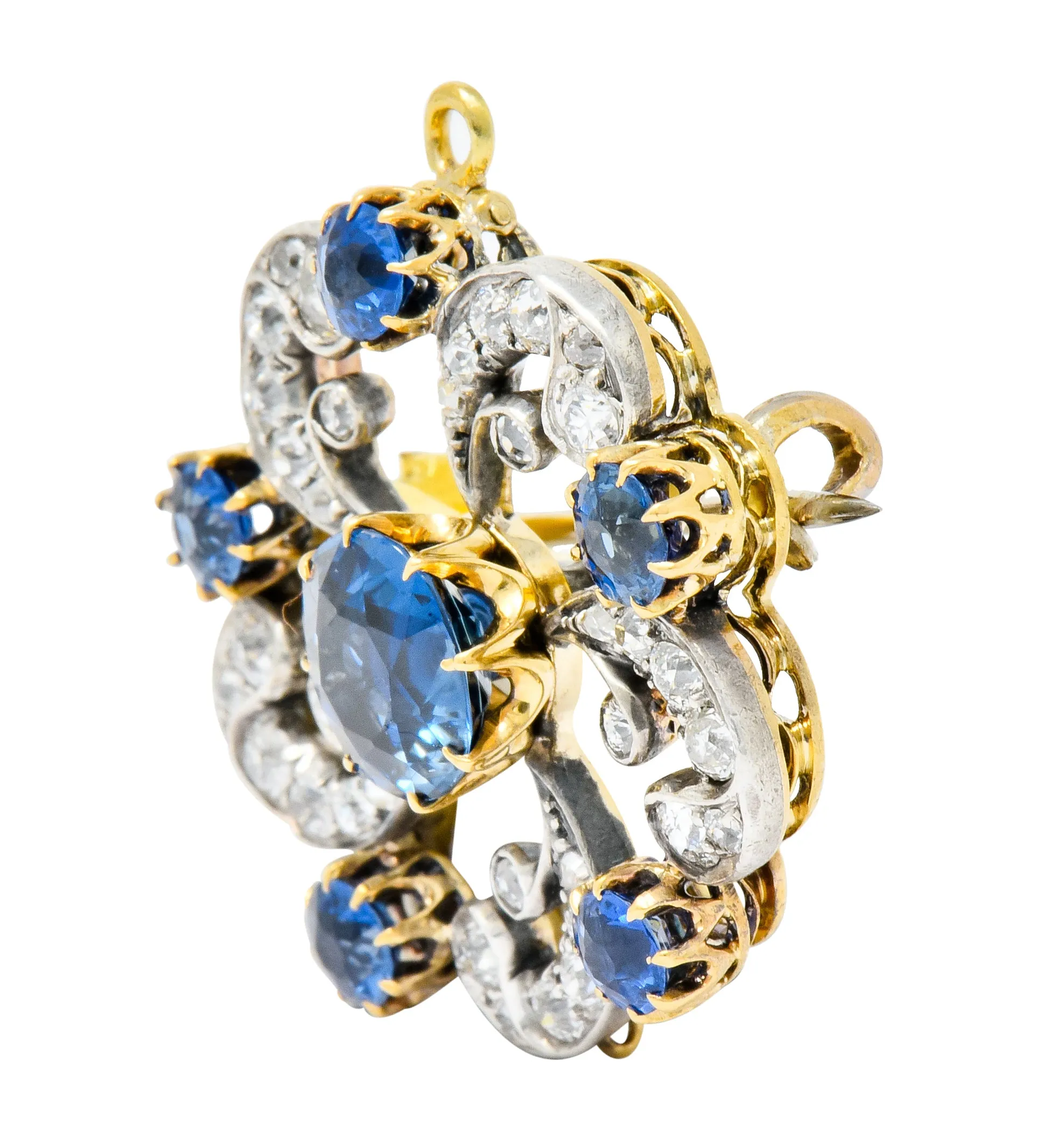 Edwardian 3.90 CTW Sapphire Diamond Platinum-Topped Floral Pendant Brooch