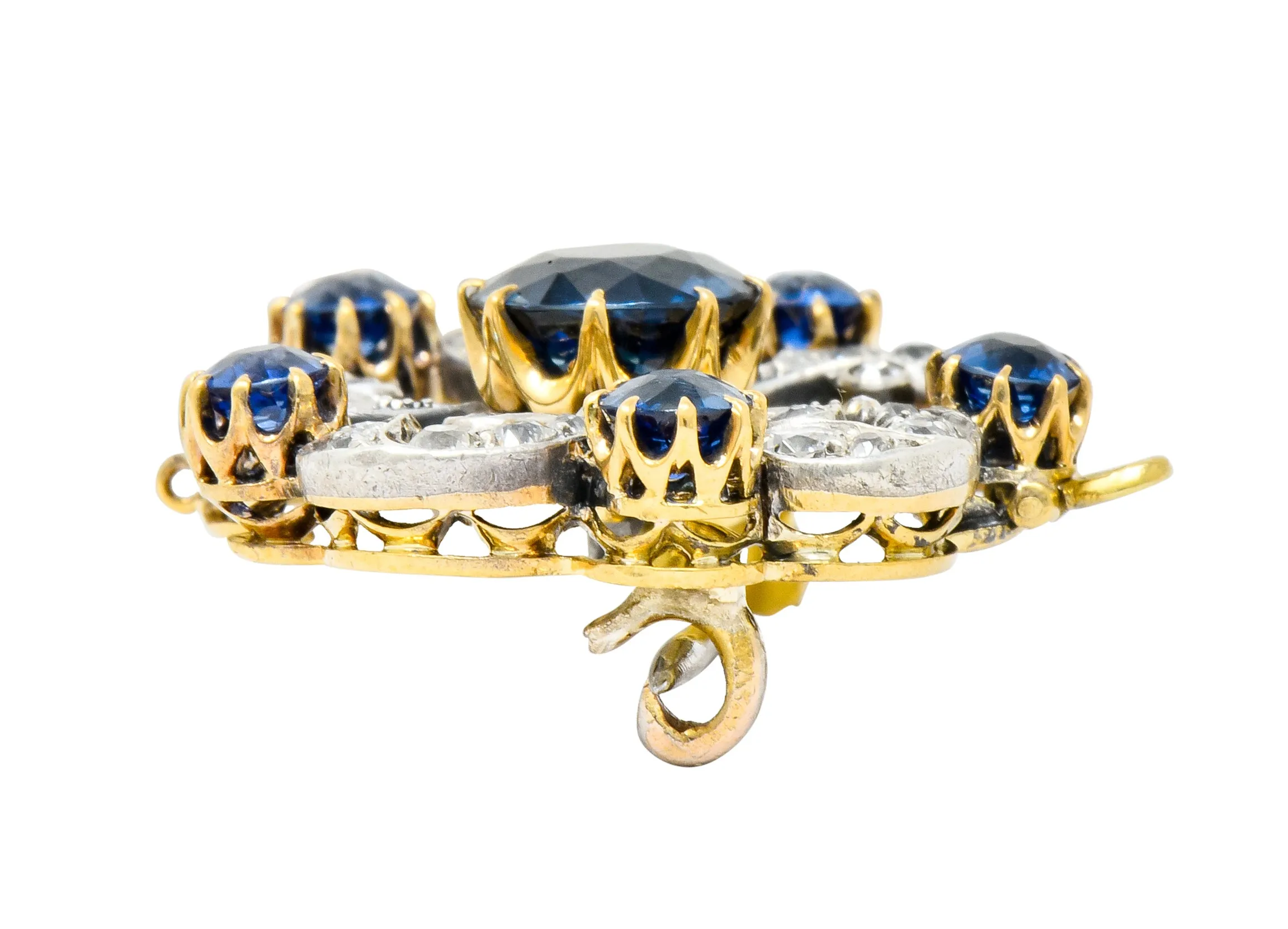 Edwardian 3.90 CTW Sapphire Diamond Platinum-Topped Floral Pendant Brooch
