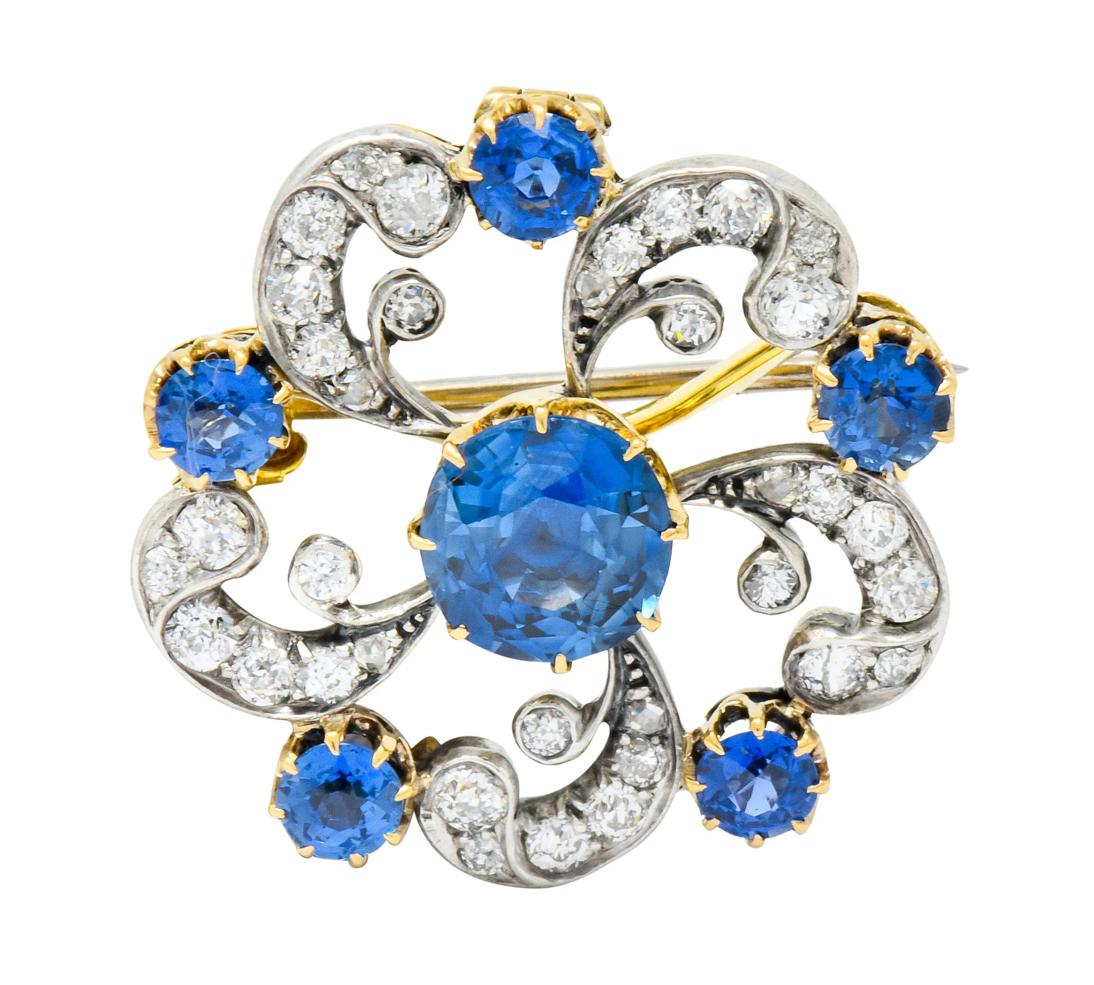 Edwardian 3.90 CTW Sapphire Diamond Platinum-Topped Floral Pendant Brooch