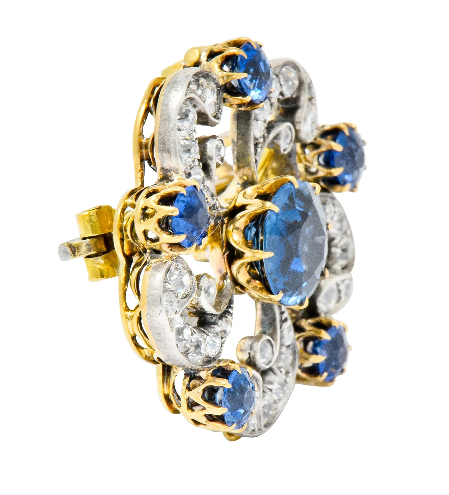 Edwardian 3.90 CTW Sapphire Diamond Platinum-Topped Floral Pendant Brooch