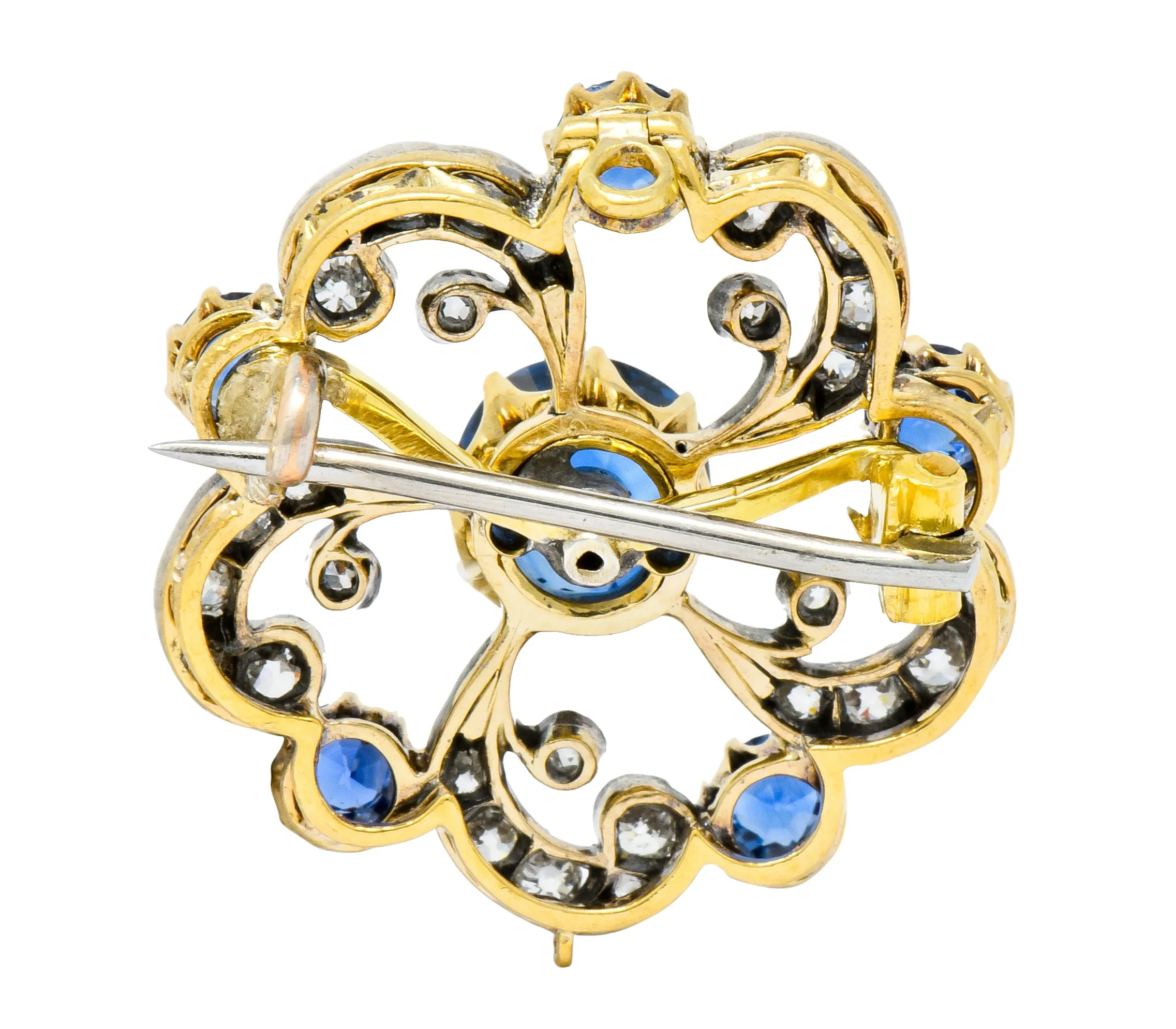 Edwardian 3.90 CTW Sapphire Diamond Platinum-Topped Floral Pendant Brooch