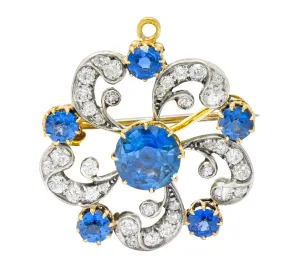 Edwardian 3.90 CTW Sapphire Diamond Platinum-Topped Floral Pendant Brooch