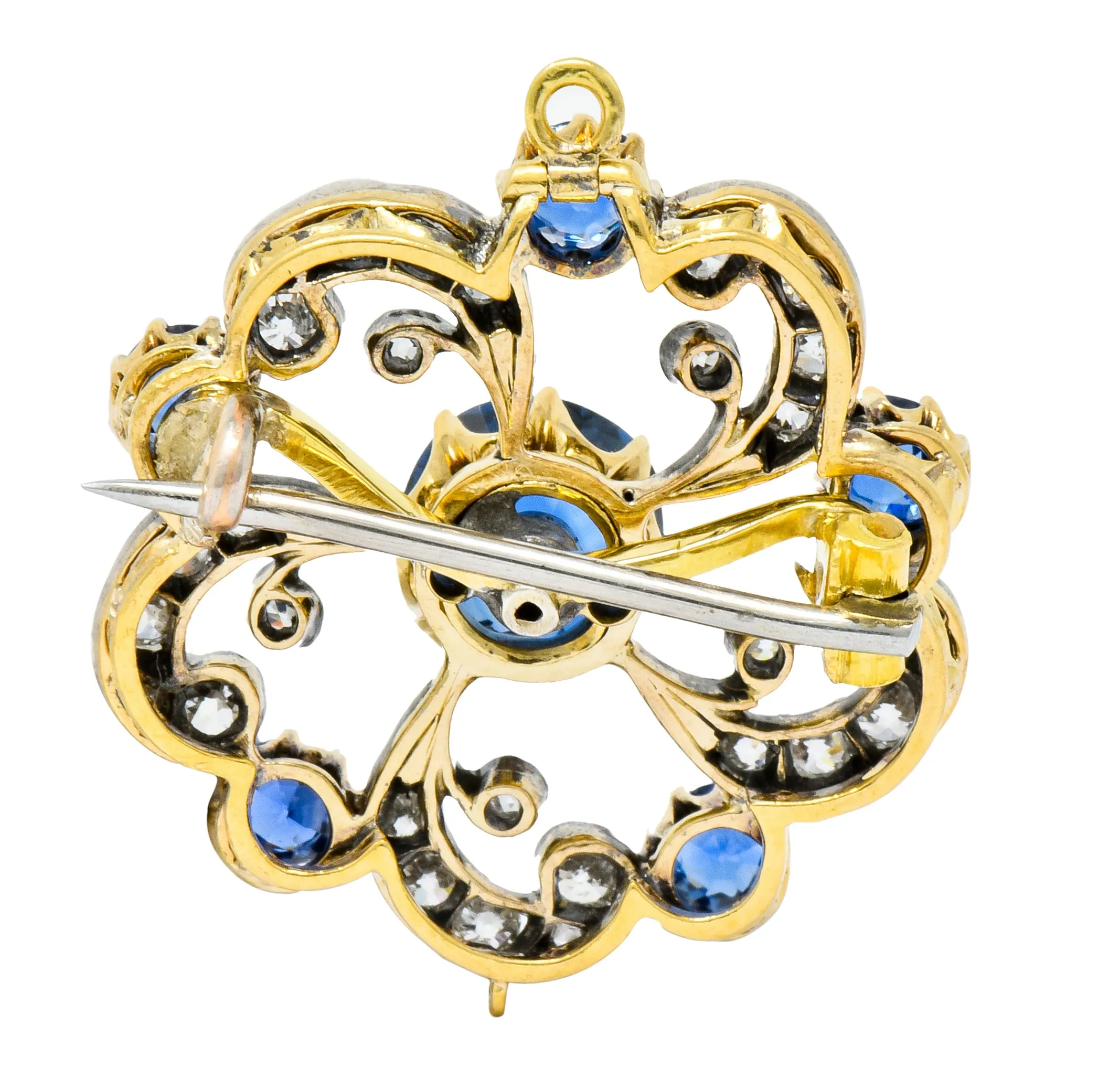 Edwardian 3.90 CTW Sapphire Diamond Platinum-Topped Floral Pendant Brooch