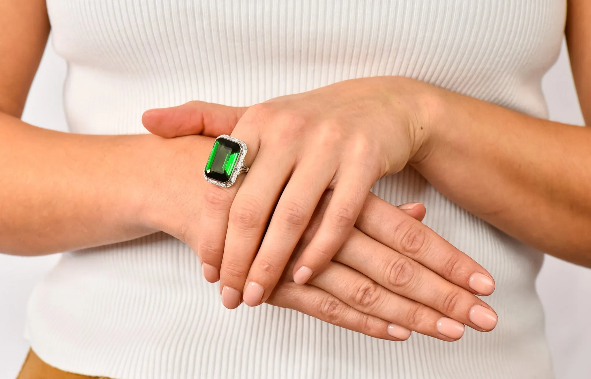 Edwardian 45.28 CTW Green Tourmaline Platinum-Topped 14 Karat Gold Cocktail Ring