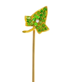 Edwardian Demantoid Garnet Diamond 18 Karat Gold Pavé Leaf Stickpin