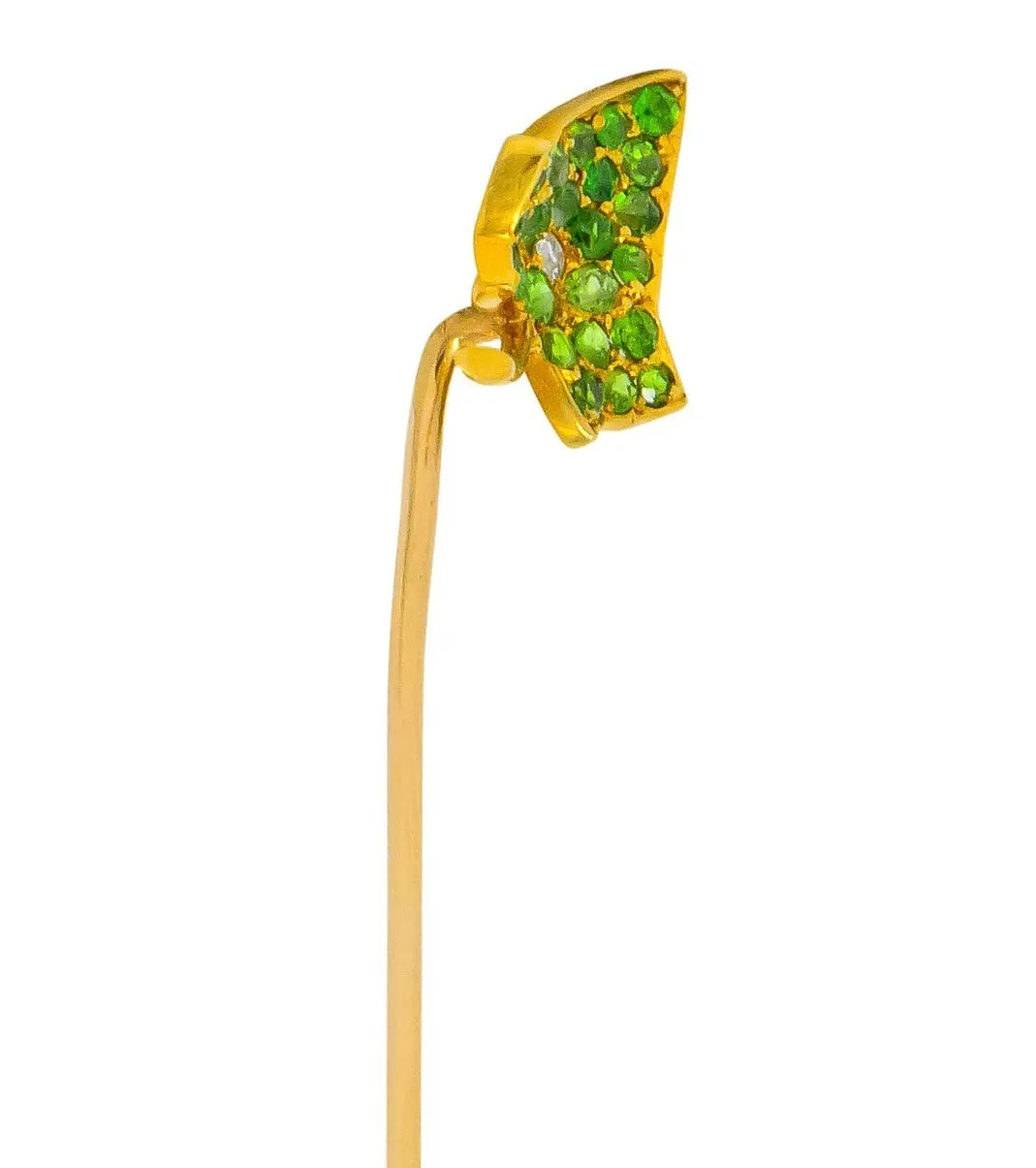 Edwardian Demantoid Garnet Diamond 18 Karat Gold Pavé Leaf Stickpin