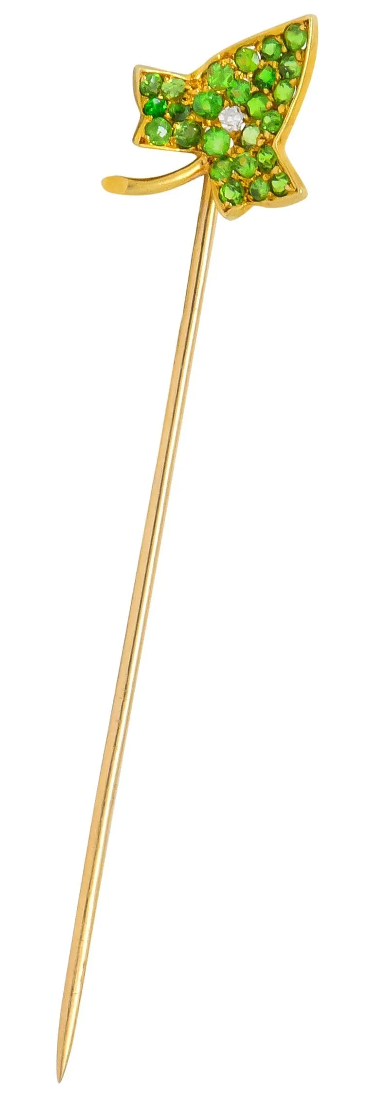 Edwardian Demantoid Garnet Diamond 18 Karat Gold Pavé Leaf Stickpin