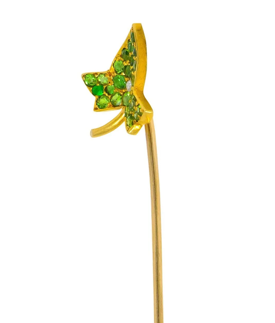 Edwardian Demantoid Garnet Diamond 18 Karat Gold Pavé Leaf Stickpin