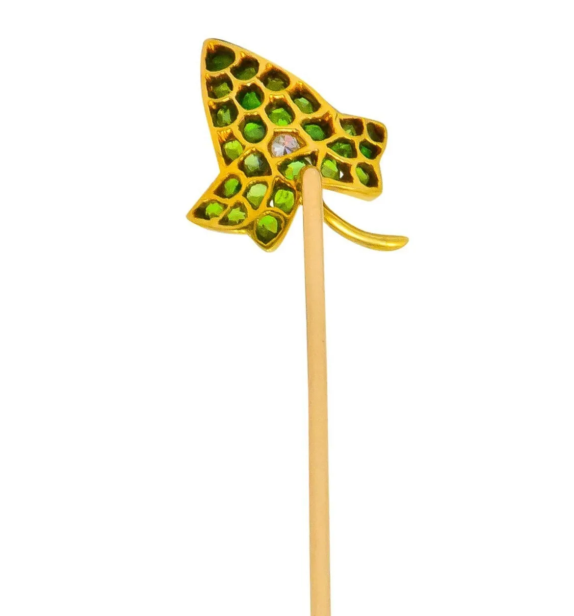 Edwardian Demantoid Garnet Diamond 18 Karat Gold Pavé Leaf Stickpin