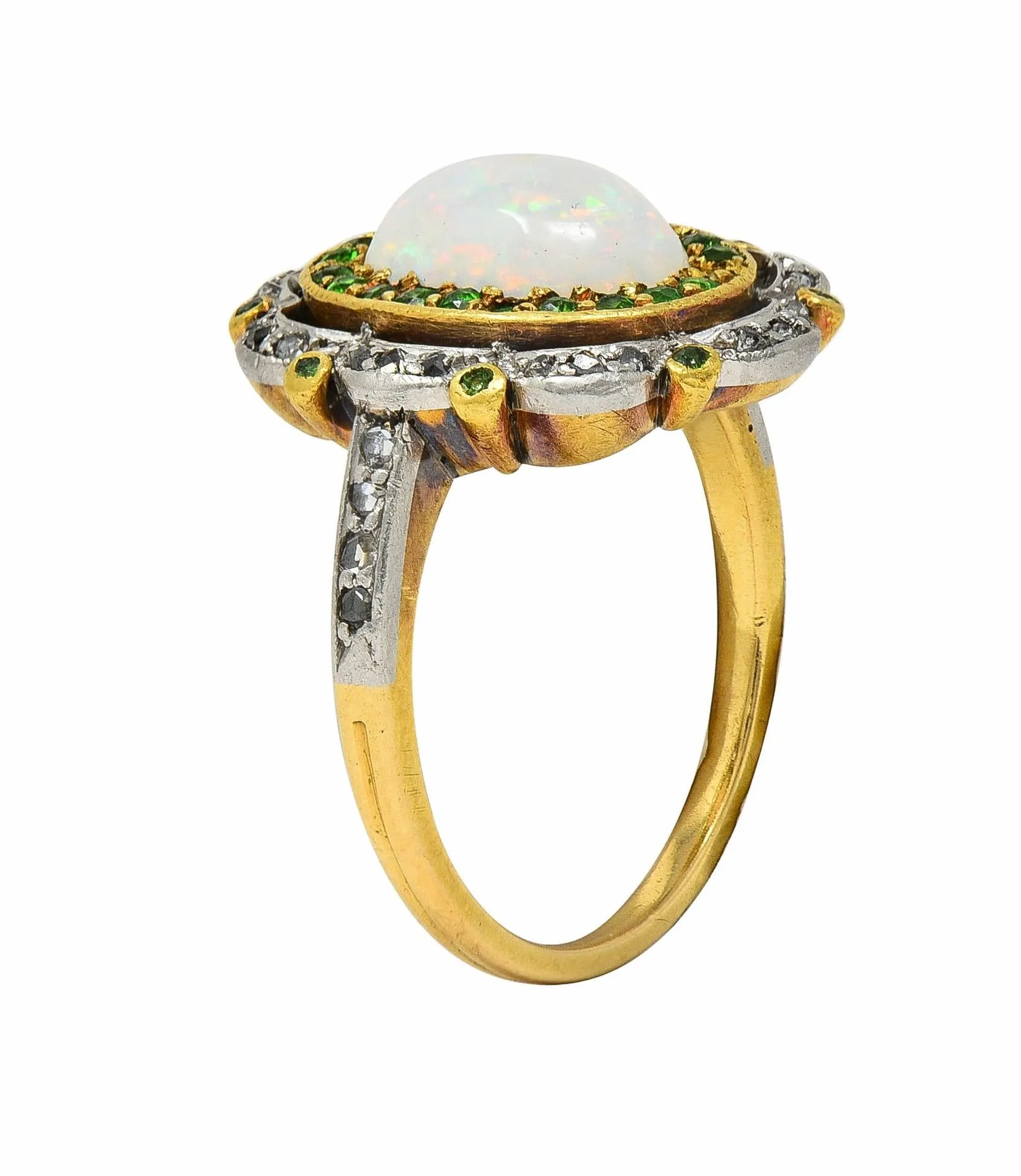 Edwardian Opal Diamond Demantoid Garnet Platinum 18 Karat Gold Antique Cluster Ring