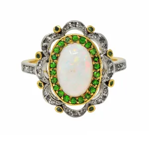 Edwardian Opal Diamond Demantoid Garnet Platinum 18 Karat Gold Antique Cluster Ring