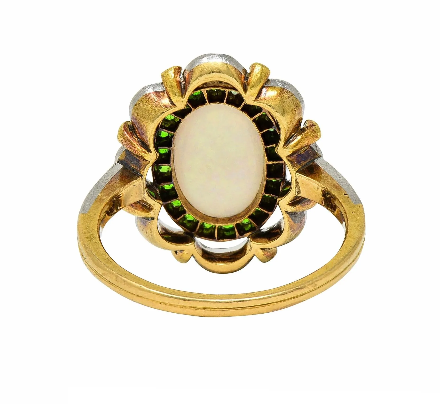 Edwardian Opal Diamond Demantoid Garnet Platinum 18 Karat Gold Antique Cluster Ring