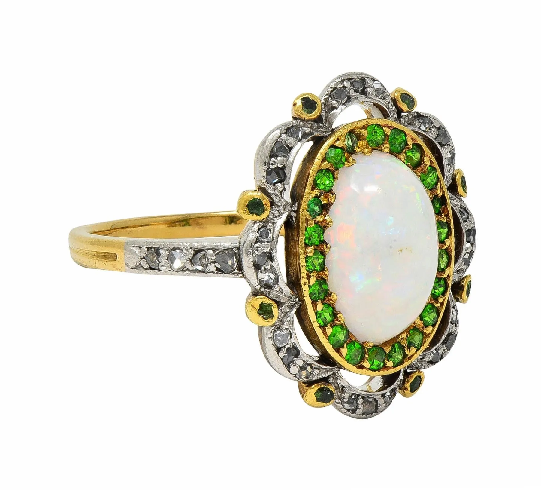 Edwardian Opal Diamond Demantoid Garnet Platinum 18 Karat Gold Antique Cluster Ring