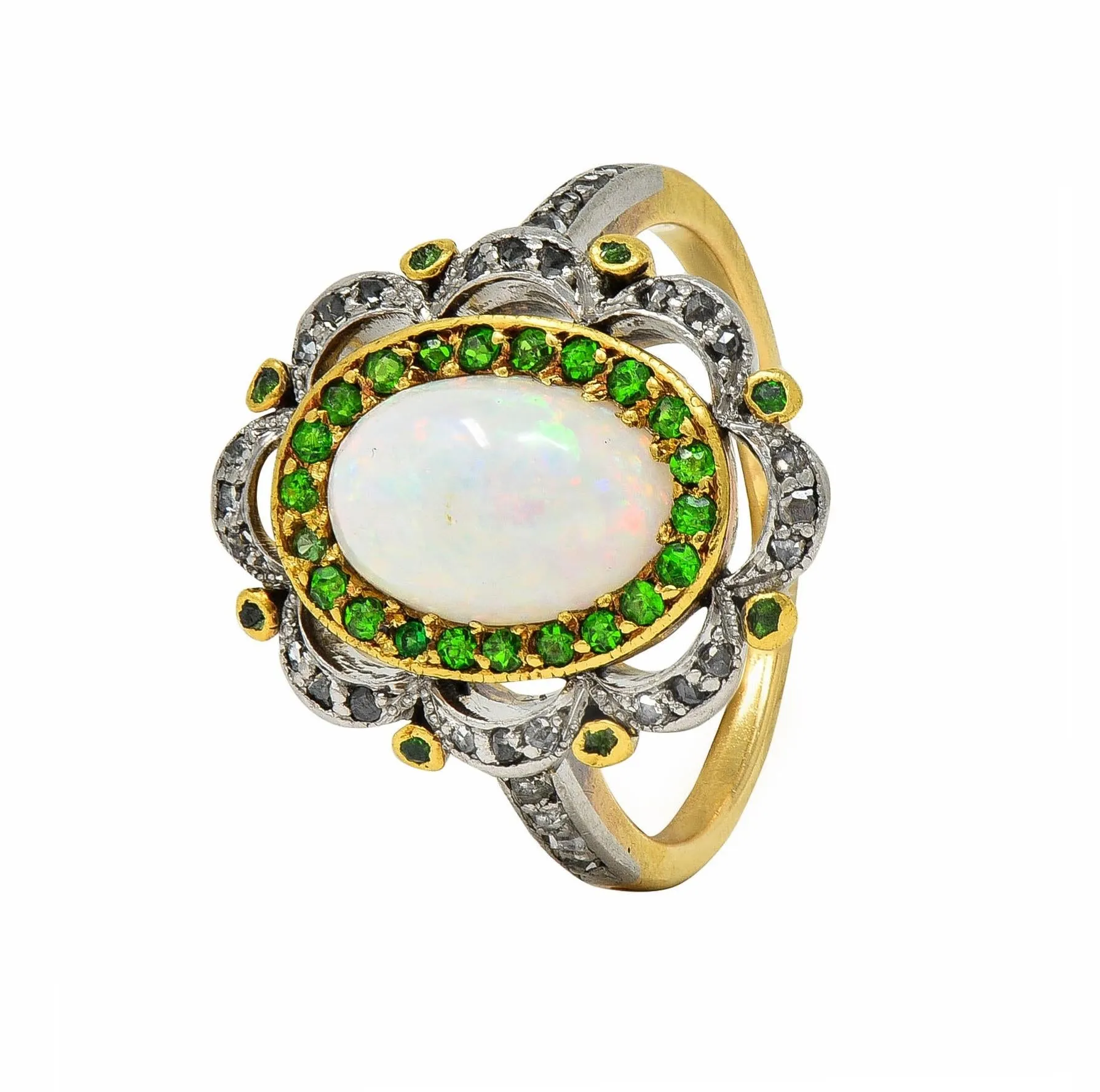 Edwardian Opal Diamond Demantoid Garnet Platinum 18 Karat Gold Antique Cluster Ring