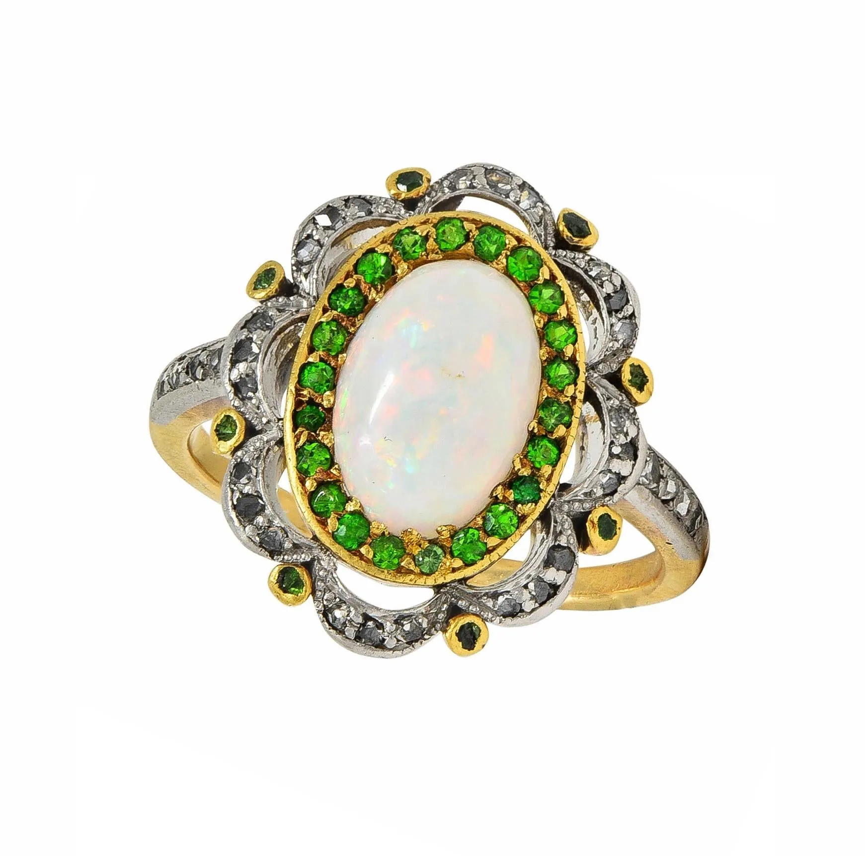Edwardian Opal Diamond Demantoid Garnet Platinum 18 Karat Gold Antique Cluster Ring