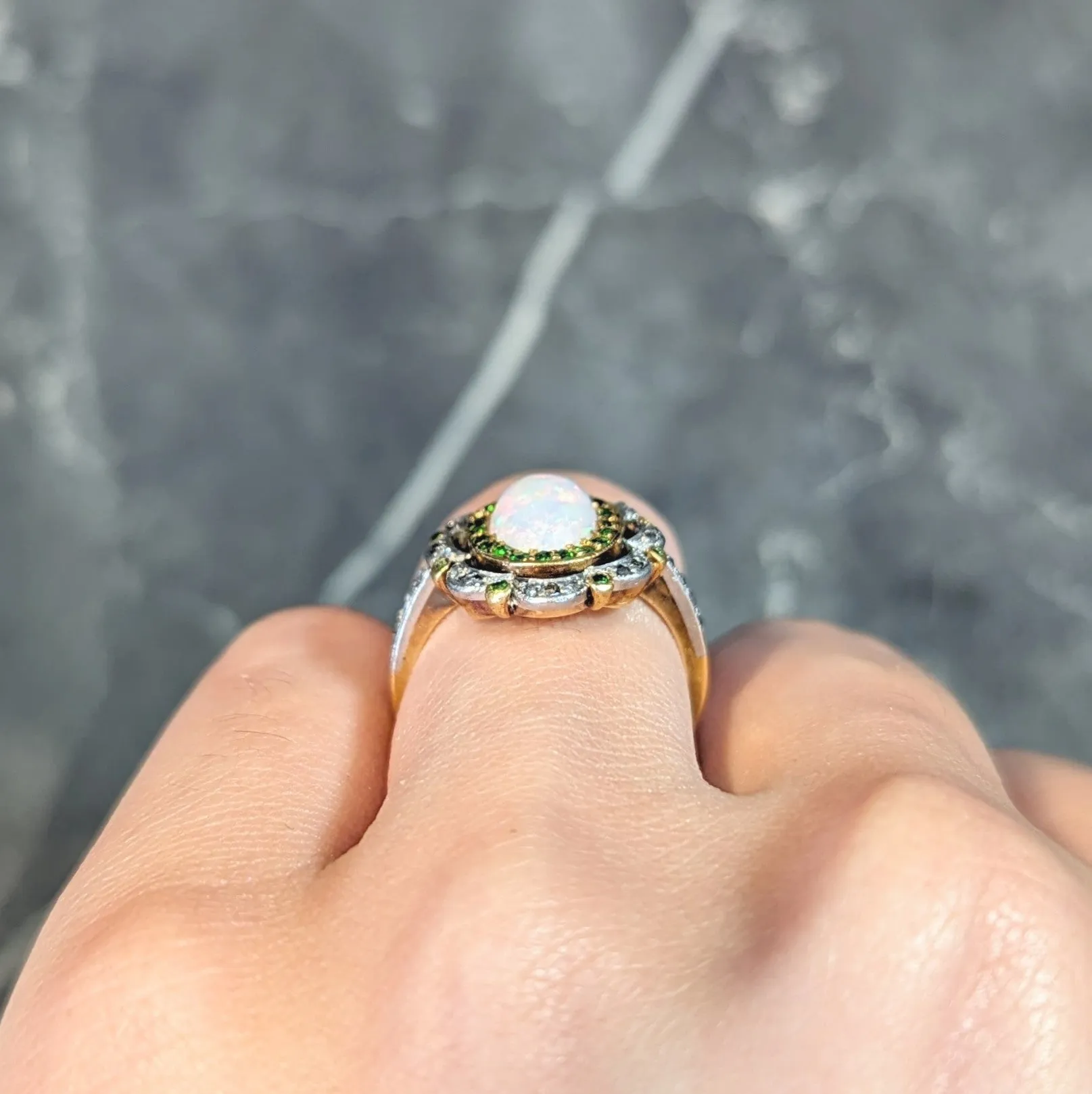 Edwardian Opal Diamond Demantoid Garnet Platinum 18 Karat Gold Antique Cluster Ring