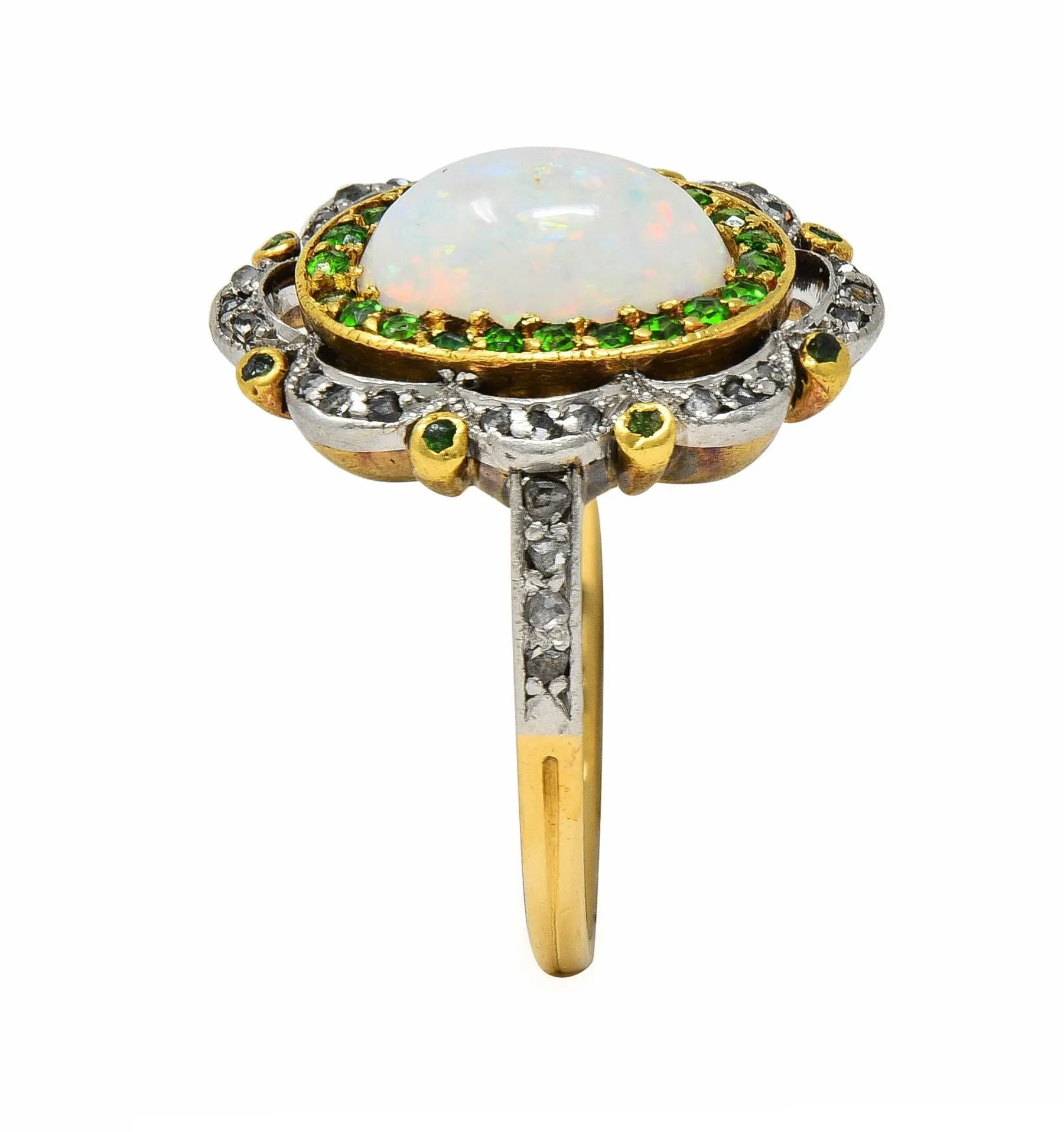 Edwardian Opal Diamond Demantoid Garnet Platinum 18 Karat Gold Antique Cluster Ring