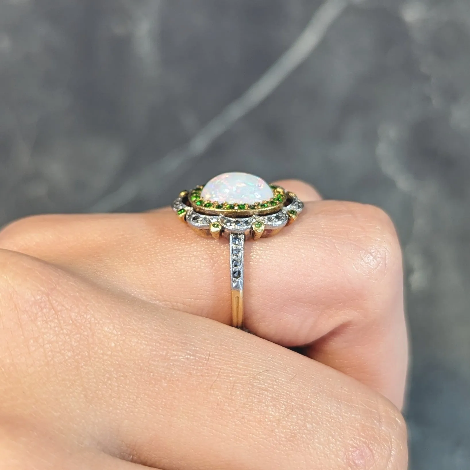 Edwardian Opal Diamond Demantoid Garnet Platinum 18 Karat Gold Antique Cluster Ring