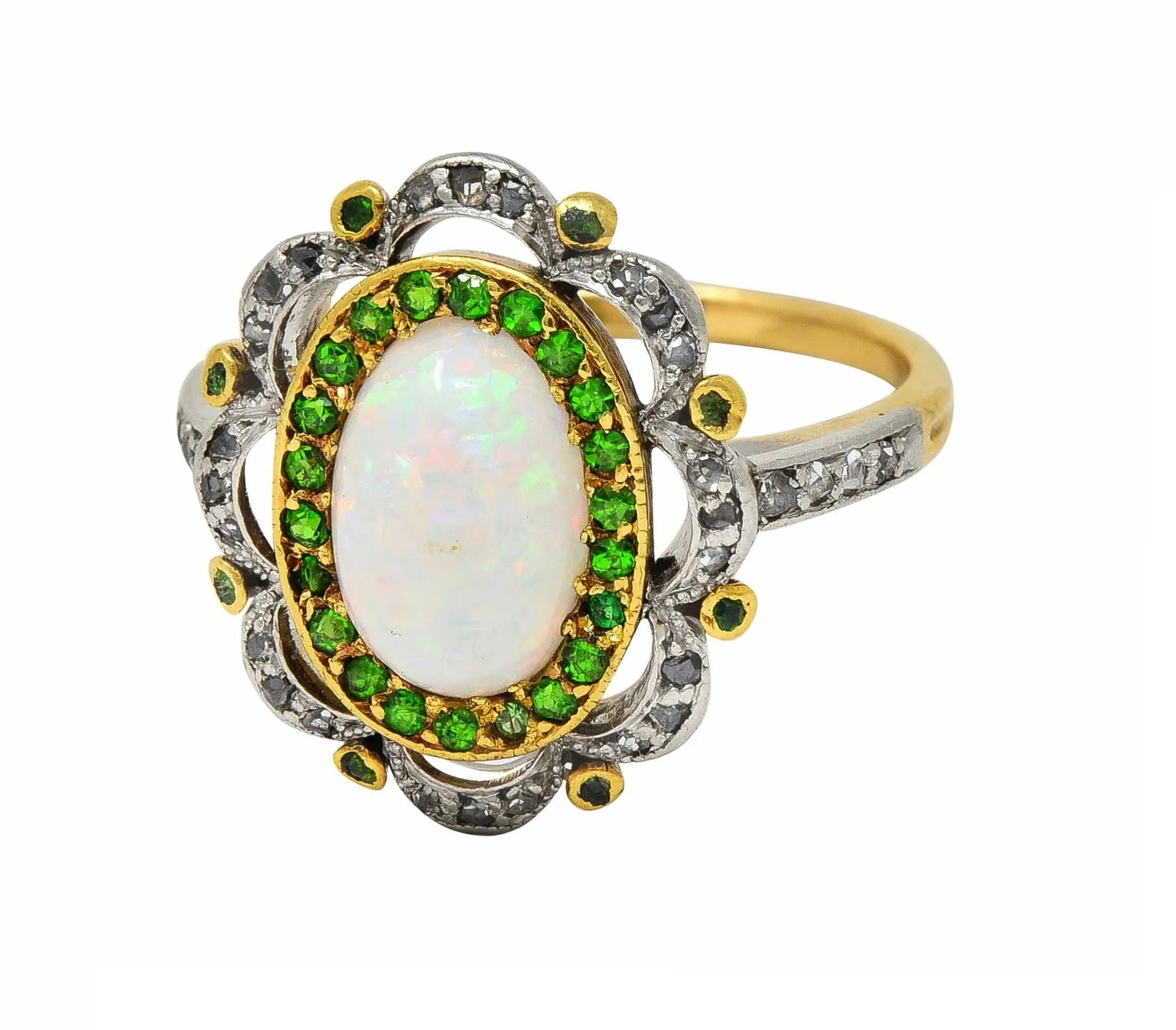 Edwardian Opal Diamond Demantoid Garnet Platinum 18 Karat Gold Antique Cluster Ring