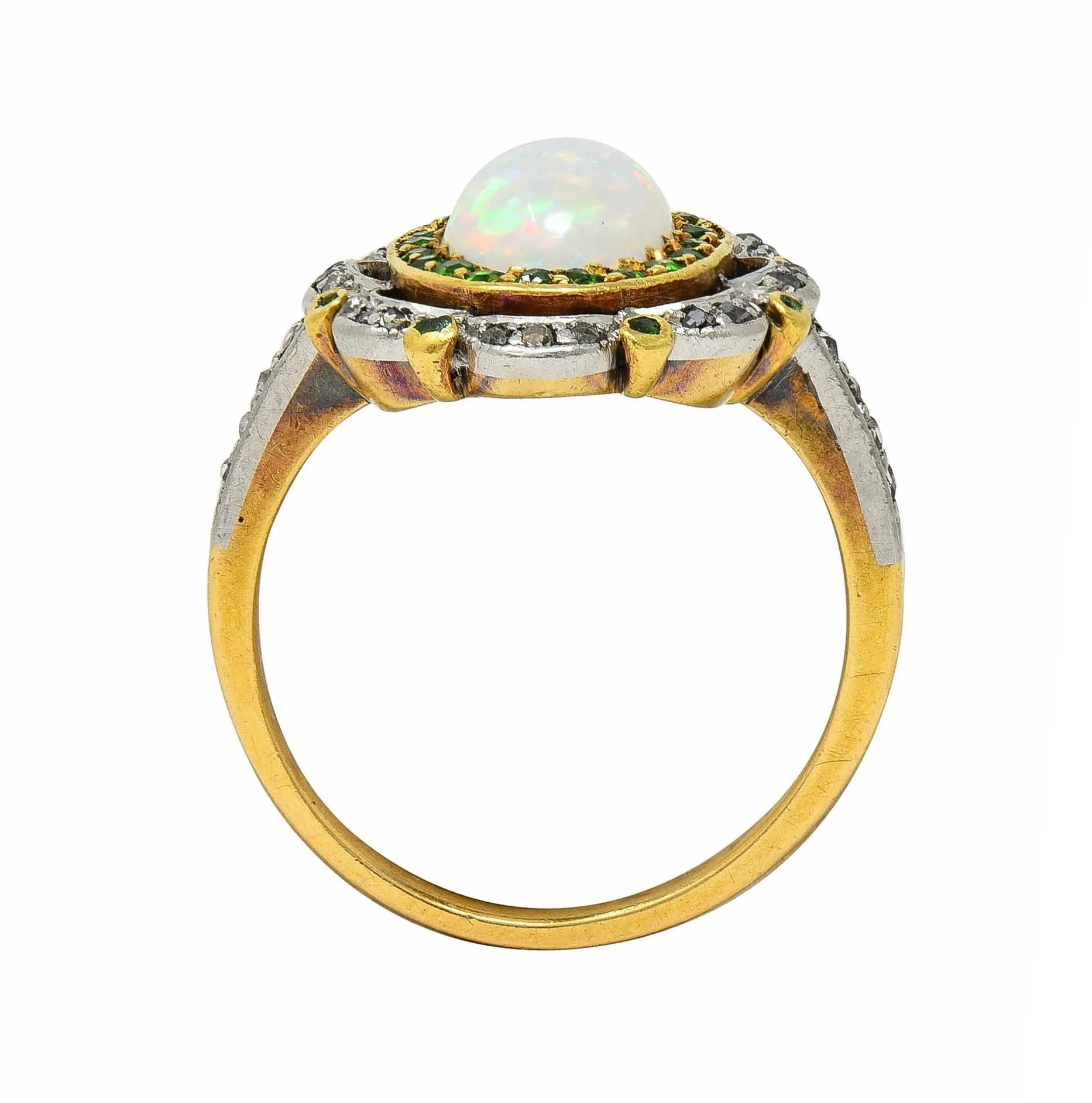 Edwardian Opal Diamond Demantoid Garnet Platinum 18 Karat Gold Antique Cluster Ring