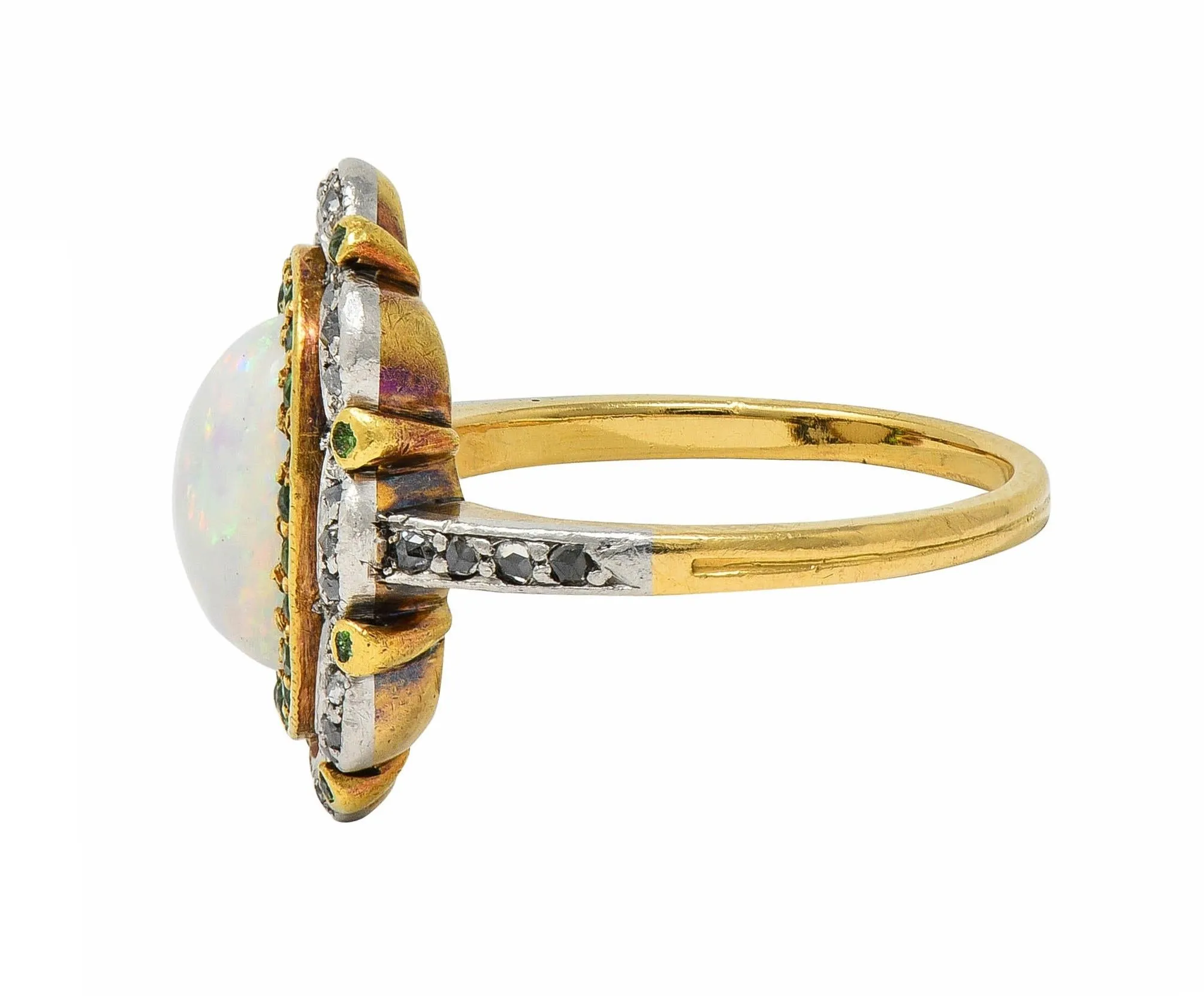 Edwardian Opal Diamond Demantoid Garnet Platinum 18 Karat Gold Antique Cluster Ring