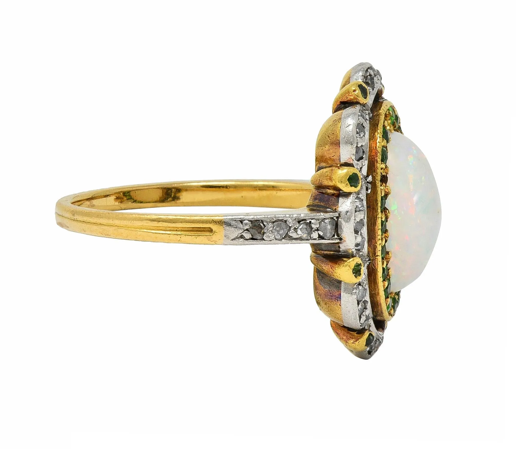 Edwardian Opal Diamond Demantoid Garnet Platinum 18 Karat Gold Antique Cluster Ring