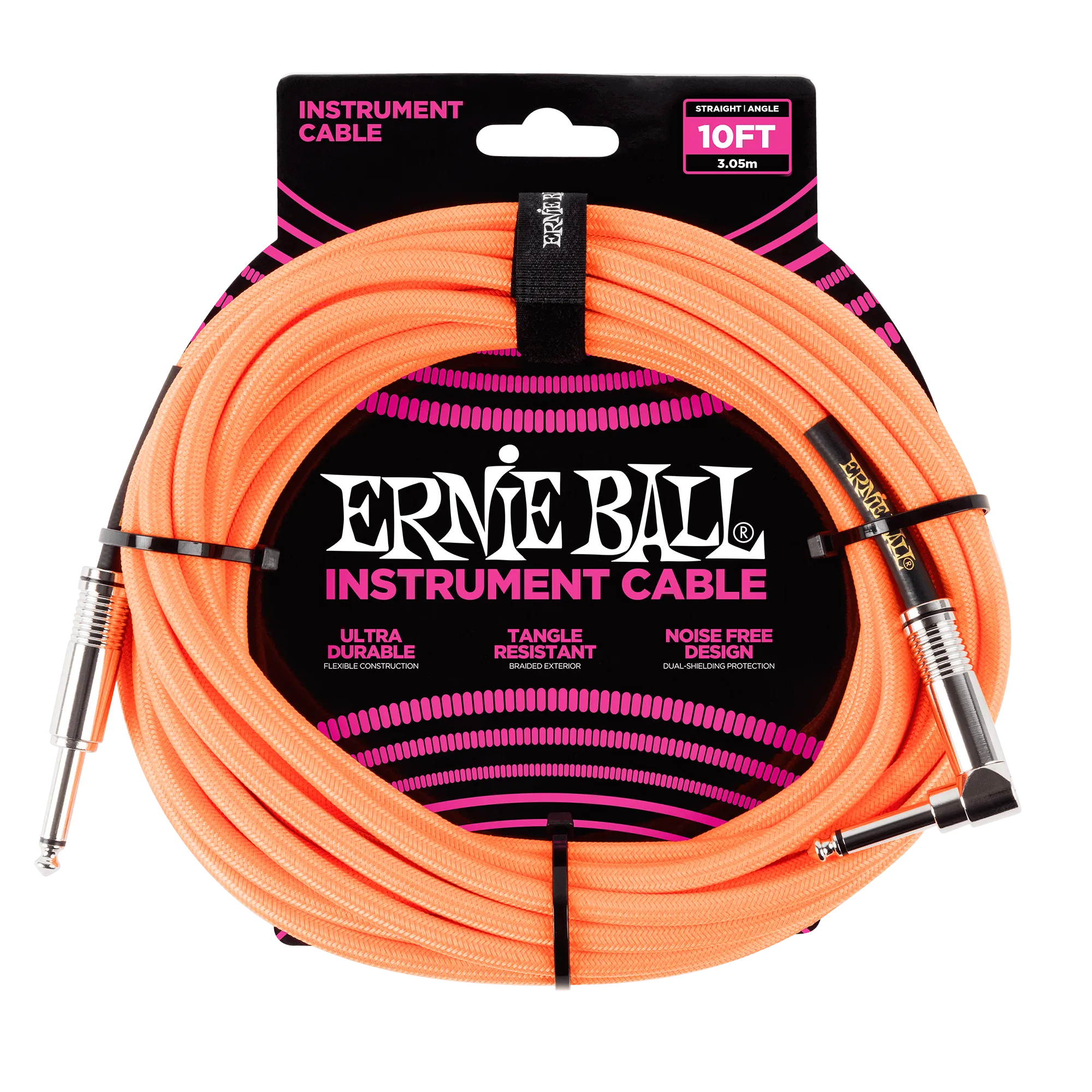 Ernie Ball 10ft / 3m Neon Orange Braided Right Angle - Straight Jack Cable