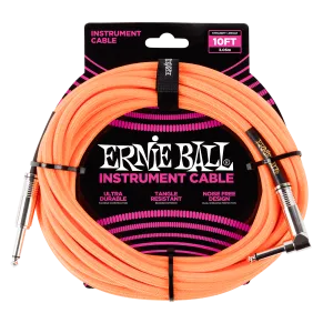 Ernie Ball 10ft / 3m Neon Orange Braided Right Angle - Straight Jack Cable