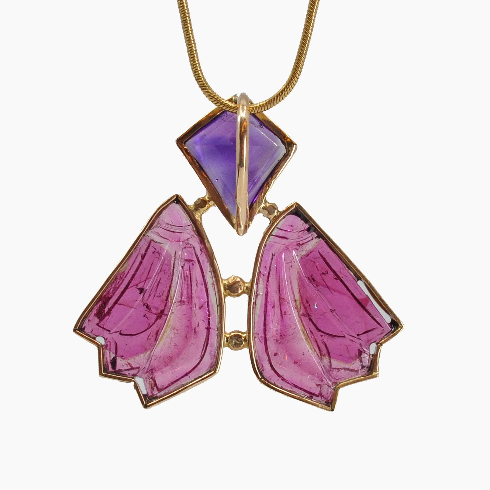 Faceted Amethyst with Rubellite Tourmaline 14k Handcrafted Winged Pendant