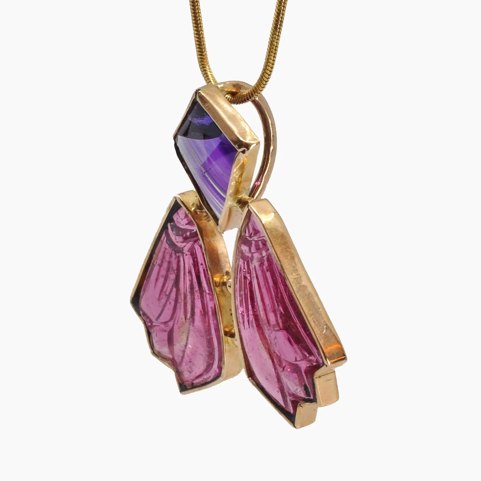 Faceted Amethyst with Rubellite Tourmaline 14k Handcrafted Winged Pendant