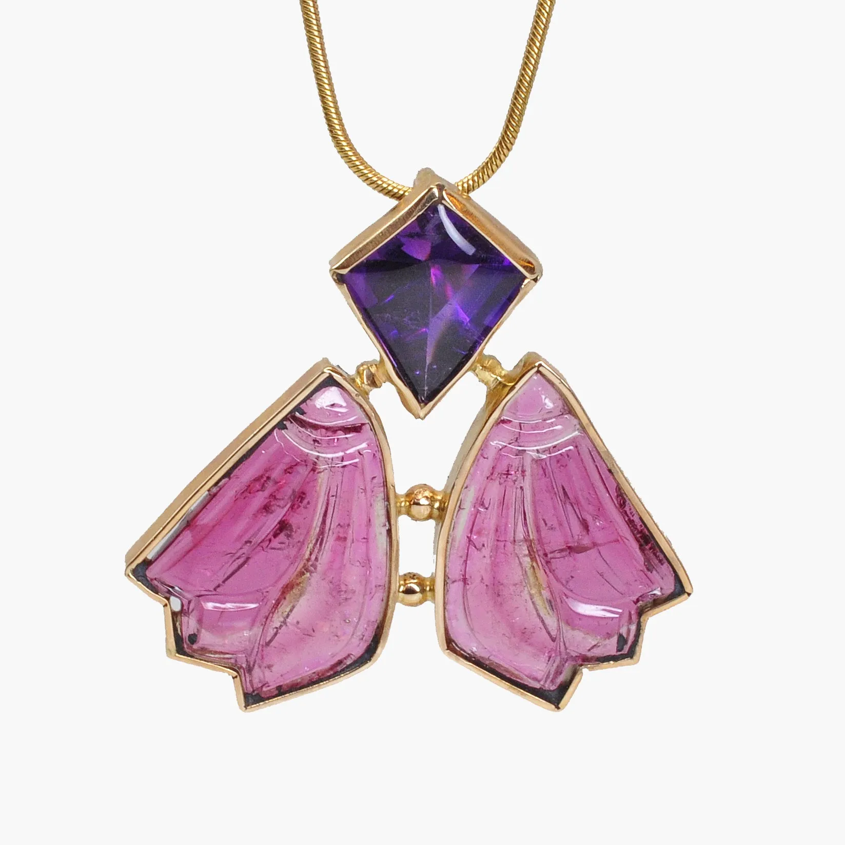 Faceted Amethyst with Rubellite Tourmaline 14k Handcrafted Winged Pendant