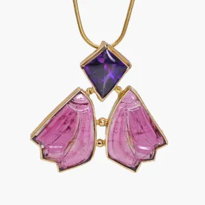 Faceted Amethyst with Rubellite Tourmaline 14k Handcrafted Winged Pendant