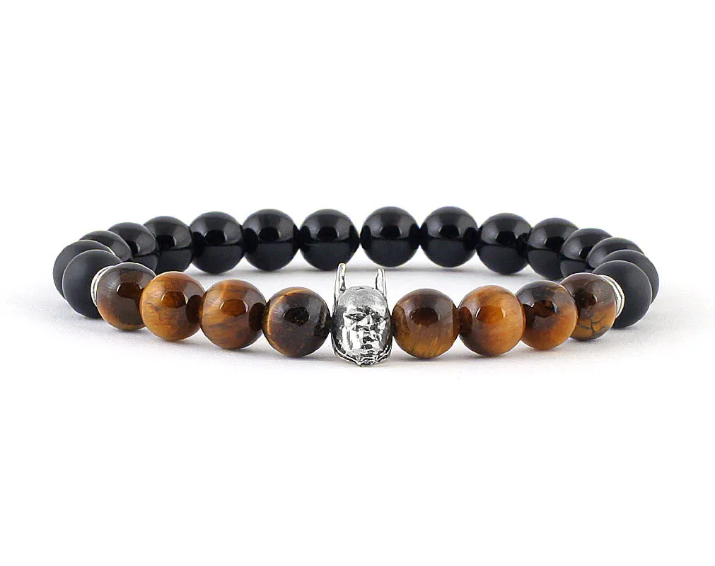 Fashionable Batman bracelet with black smooth onyx and tiger eye beads
