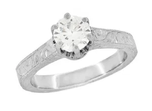 Filigree Scrolls Art Deco Crown Engraved 1 Carat White Sapphire Engagement Ring in 18 Karat White Gold